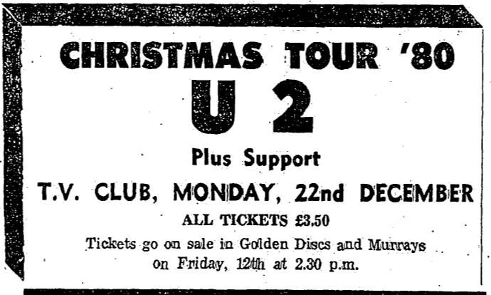 U2 play their smallest Irish date at the Tv Club Dublin 1980