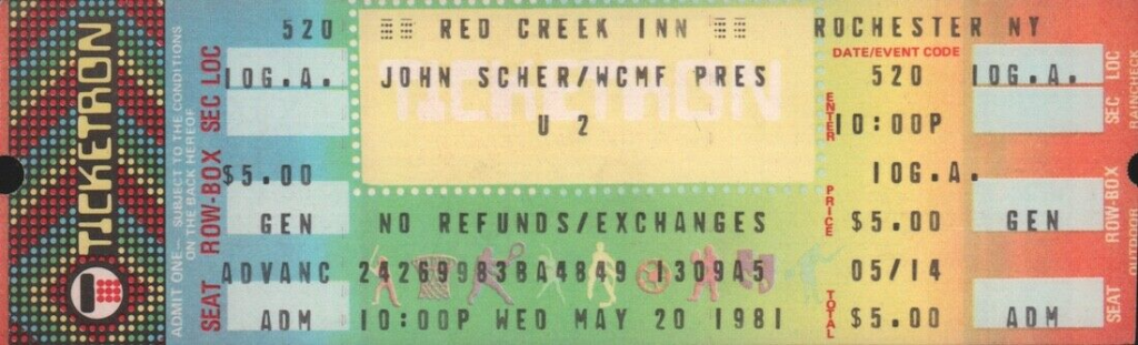 Unused U2 concert ticket for the cancelled show at the Red Creek Inn Rochester 1981