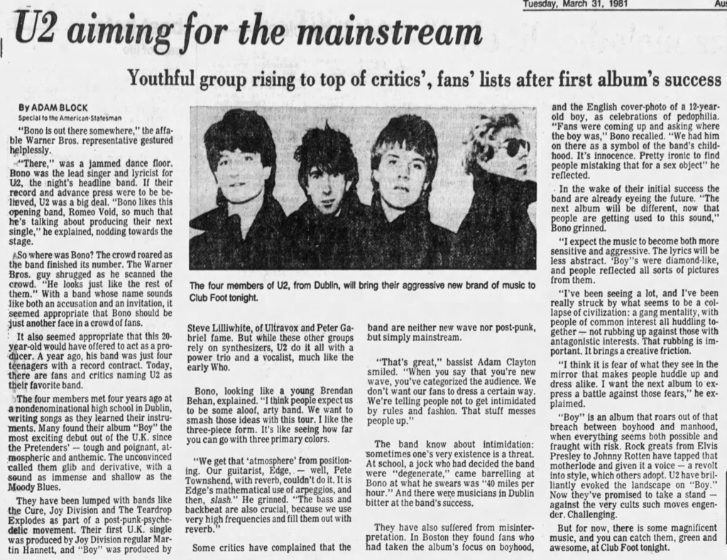 U2 talk to the local Austin Texas press on their 1981 Boy Tour