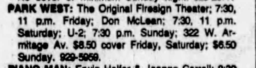 Listing for the U2 concert at Park West Chicago 1981 Boy Tour