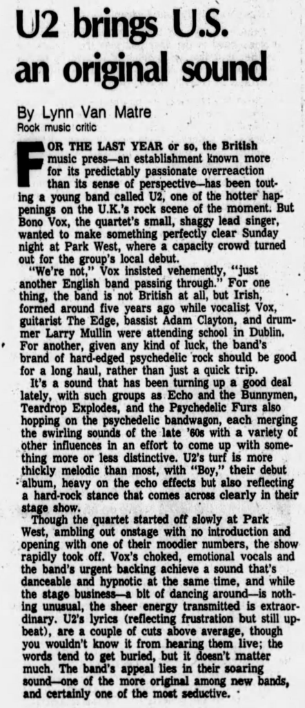 Review of U2's first show at the Park West Chicago on their Boy Tour April 1981