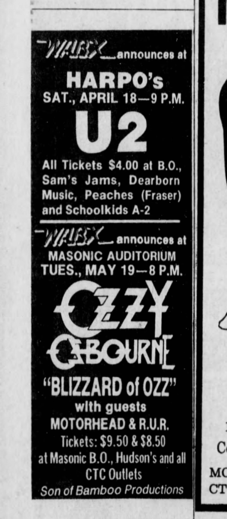 Advert for U2 at Harpo's in Detroit on their 1981 Boy tour