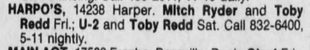 U2 listing for their Detroit concert at Harpo's. Note th listing has the wrong support band.