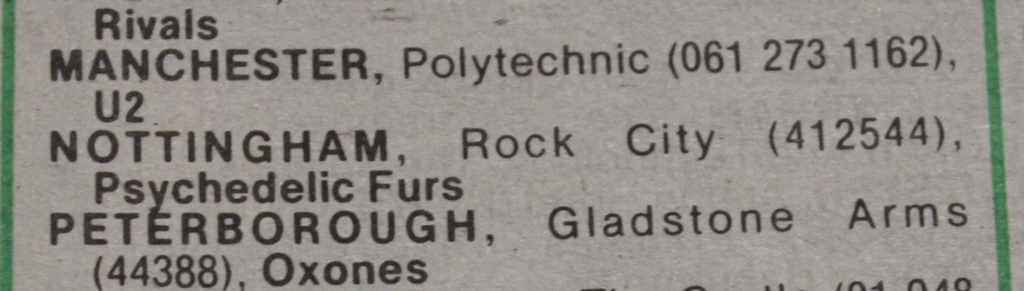 U2 concert from the 3rd leg of the Boy tour 1981. Image from the Record Mirror gig guide