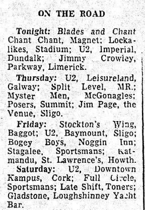 Irish Press gig guide for U2's Irish Leg of the 1980 Boy Tour
