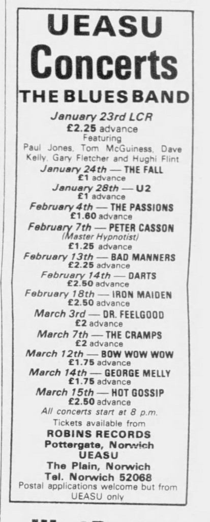 University of East Anglia concert line up for January 1981