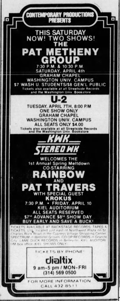 U2 play Washington University on their Boy Tour 1981