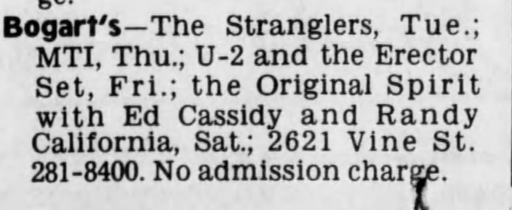 Listing for U2's concert with the Erector Set at Bogart's Cincinnati on their Boy tour 1981