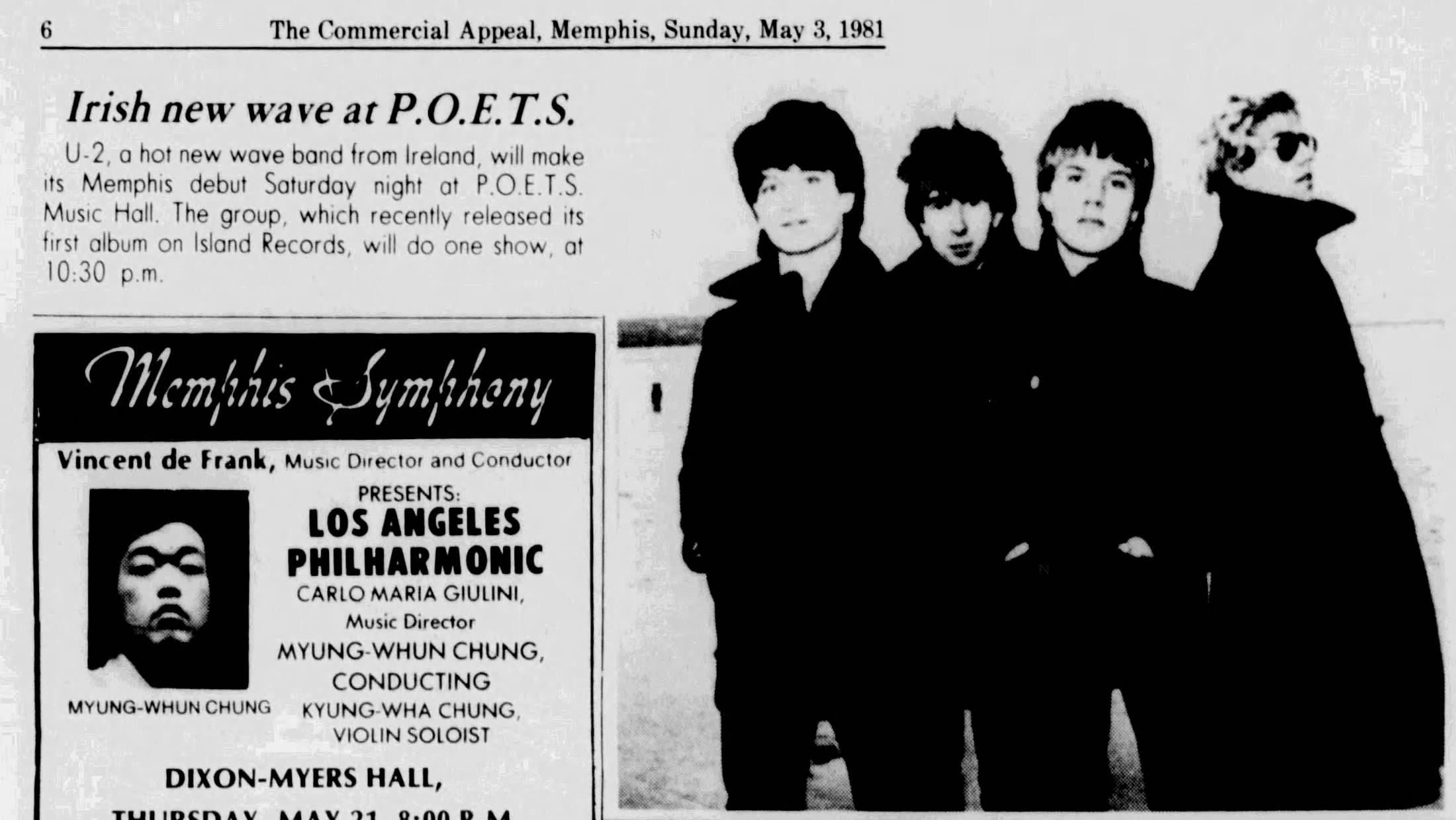 U2 listing for show at Poets Memphis on the boy tour 1981