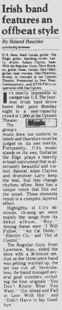 U2 play the Uptown Theatre in Kansas City. They will return to the venue a year later on the October Tour