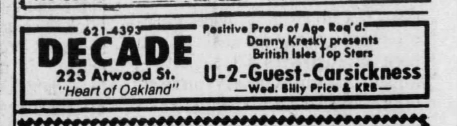 U2 with support from Carsickness play the Decade Pittsburgh on the Boy tour 1981