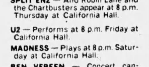 As part of their Boy tour in 1981 U2 play the California Hall in San Francisco