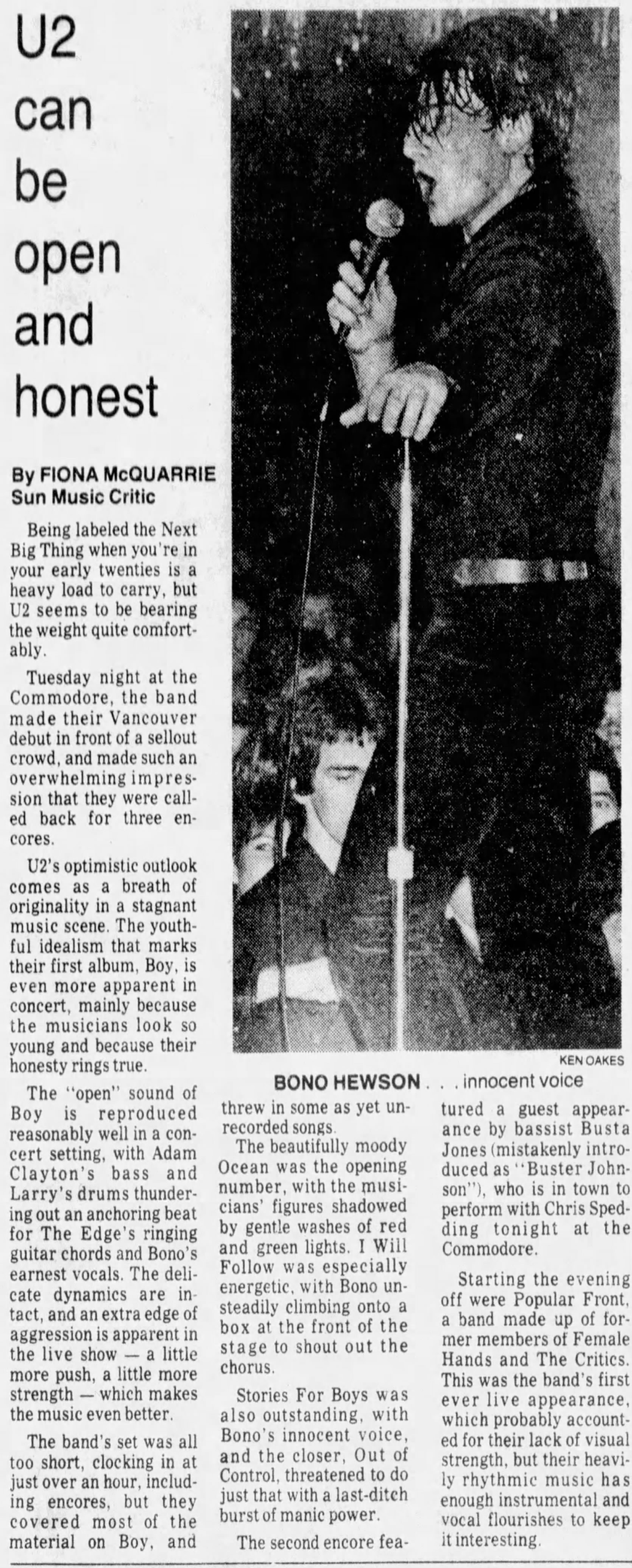 U2 review of their first Vancouver concert, Boy Tour 1981