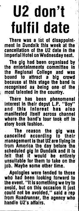 Student Union gig at the Imperial Hotel Dundalk gets cancel by U2