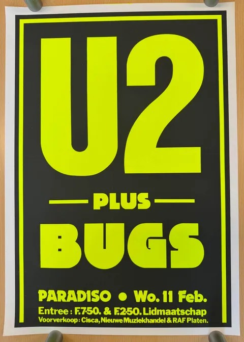 U2 and Bugs poster for concert at Amsterdam's Paradiso 1981 Leg 3 of the Boy tour