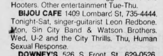 U2's second visit to the Bijou Cafe in Philadelphia on their Boy Tour.