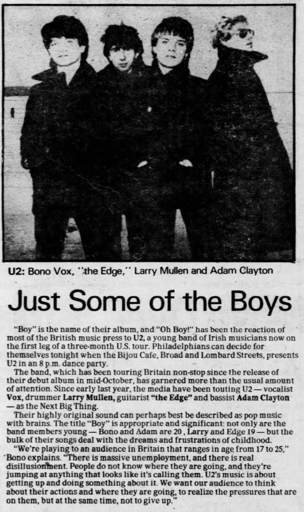 U2 return to the Bijou Cafe in Philadelphia, just over a year after their first visit on the Boy Tour.