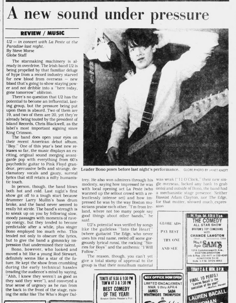 U2 review from their show at the Paradise Theatre Boston. From the 4th leg of their Boy Tour