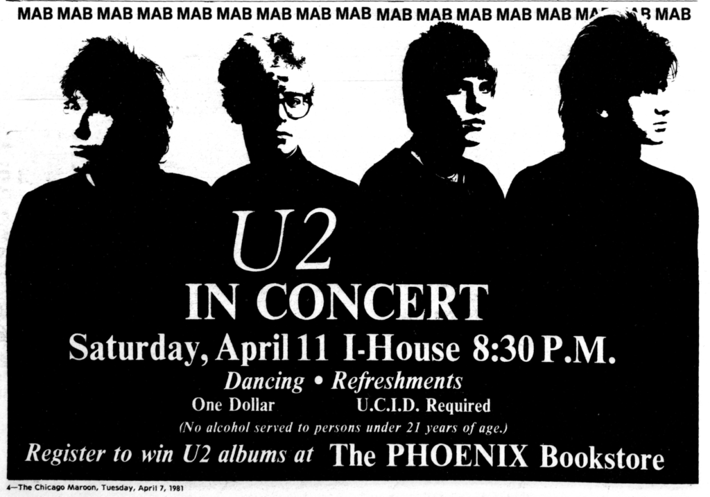 U2 advert from the University newspaper, student ID required