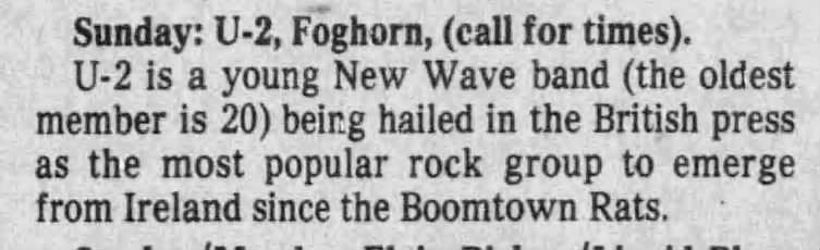 U2 listing for the Foghorn Night Club. This is the venue were Bono lost his notes and photo's for U2's upcoming October album