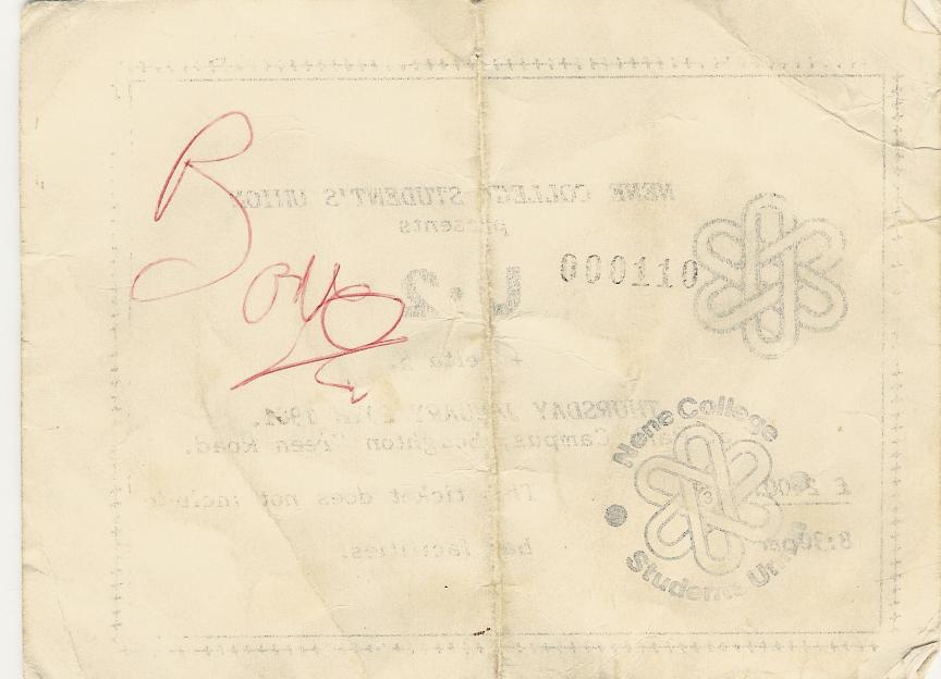 Rear of Nene College U2 concert ticket signed by Bono