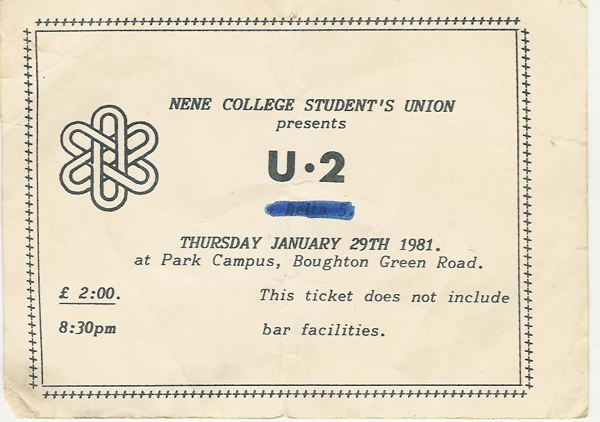 Nene College student union concert ticket for U2. Altered Images replace Delta 5