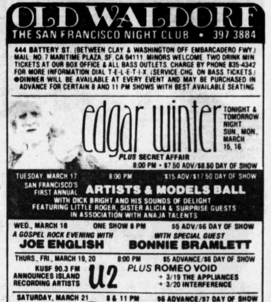 U2 play the famous Old Waldorf in San Francisco as part of the Boy Tour 1981
