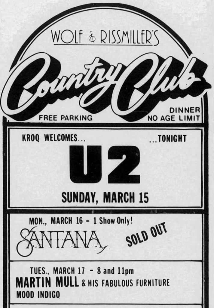LA Times advert for U2 concert at the Reseda Country Club on the 4th Leg of the Boy Tour