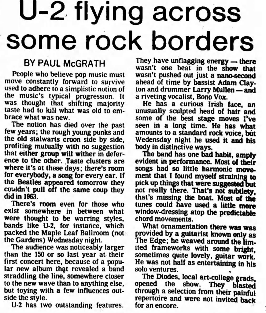 U2 Maple Leaf Ballroom concert review from the Boy tour 1981