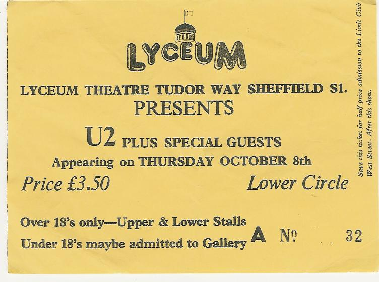 Lyceum Sheffield U2 and Comsat Angels 1981 concert ticket