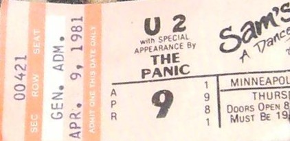 U2 & The Panic concert ticket stub for concert at Sam's on the Boy tour 1981