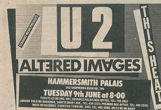 U2 Altered Images advert for concert at the Hammersmith Palais London 1981