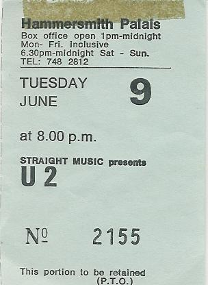 U2 Altered Images concert ticket stub for concert at the Hammersmith Palais London 1981