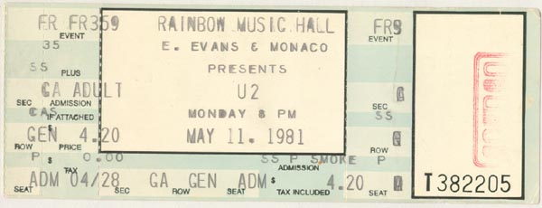 Rainbow Music Hall U2 concert ticket from the Boy tour 1981
