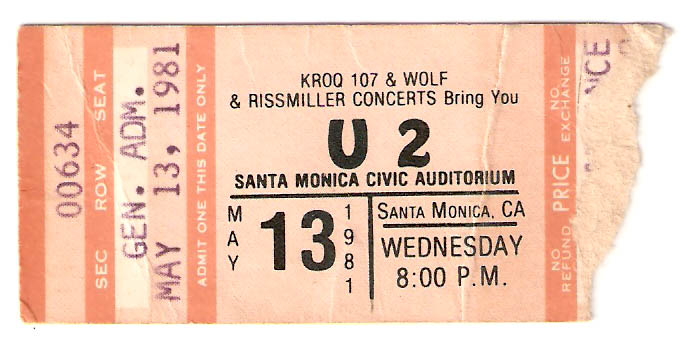 Santa Monica Civic Auditorium concert ticket stub for U2 concert from 1981 Boy tour