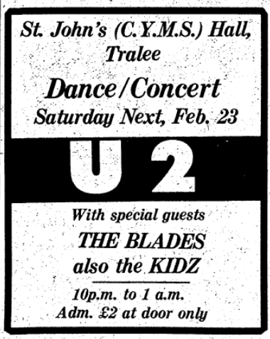 As part of their 1980 Come Out To Play tour 1980 U2 play the St John's Hall Tralee