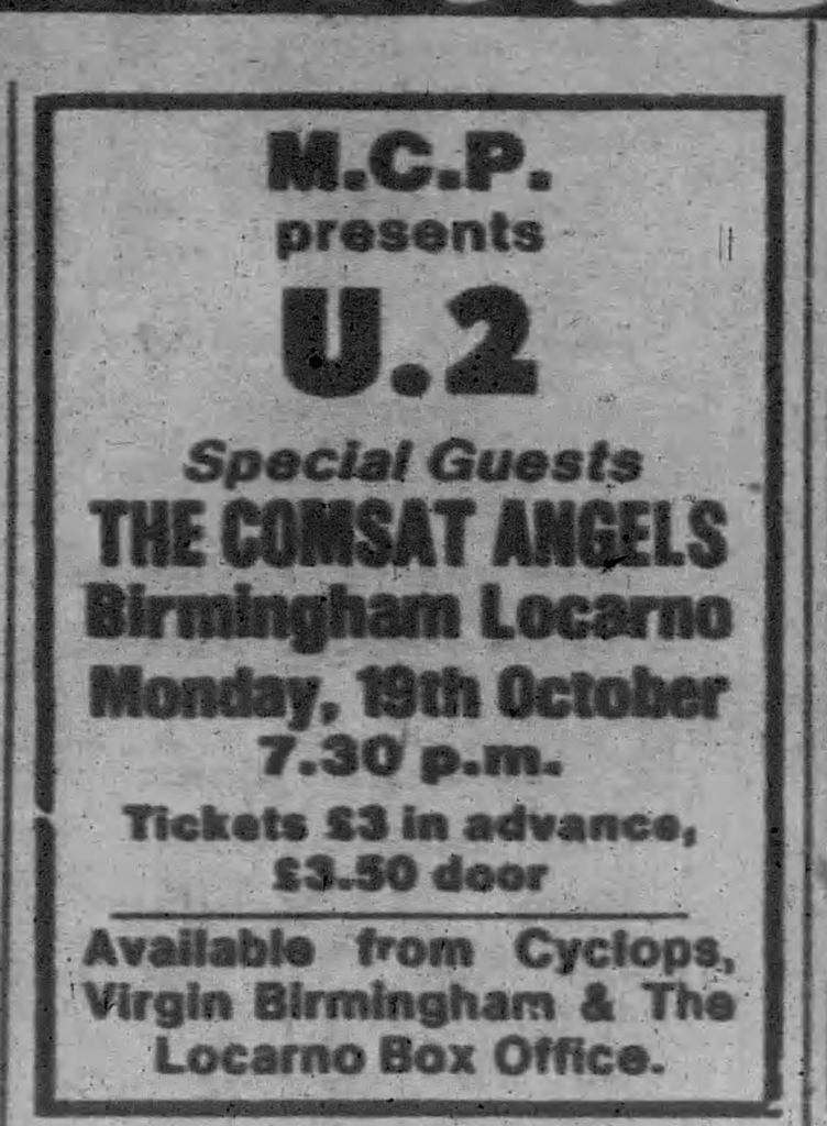 Advert for Birmingham Locarno concert with U2 and the Comsat Angels 1981