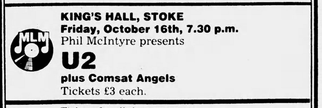 Kings Hall Stoke 1981 advert for U2 and Comsat Angels concert
