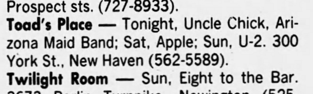 U2 listing for concert at Toad's Place on the 1981 October tour