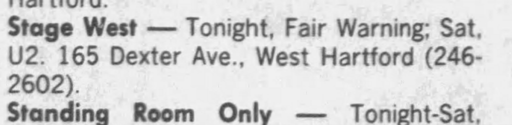 U2 listing for concert at the Stage West Hartford