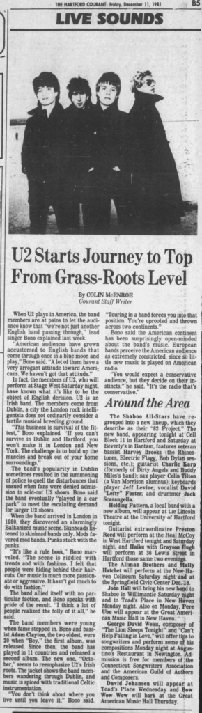 Hartford Courant article on U2 for their October tour 1981 concert at Toads Place