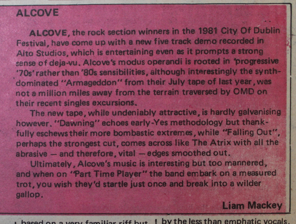 A Hot Press review of Dublin band Alcoves demo tape