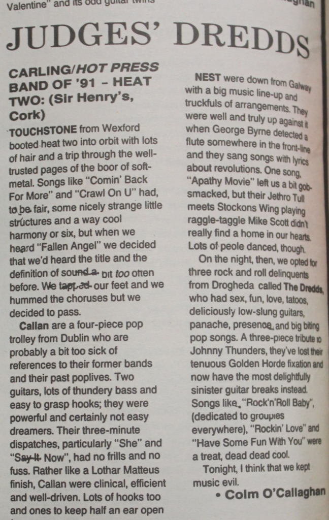 Hot Press review of all 4 bands in Heat2 of the 1991 Carling Hot Battle of the Bands