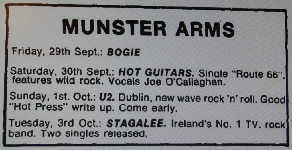 U2 advert for concert at the Munster Arms Brandon