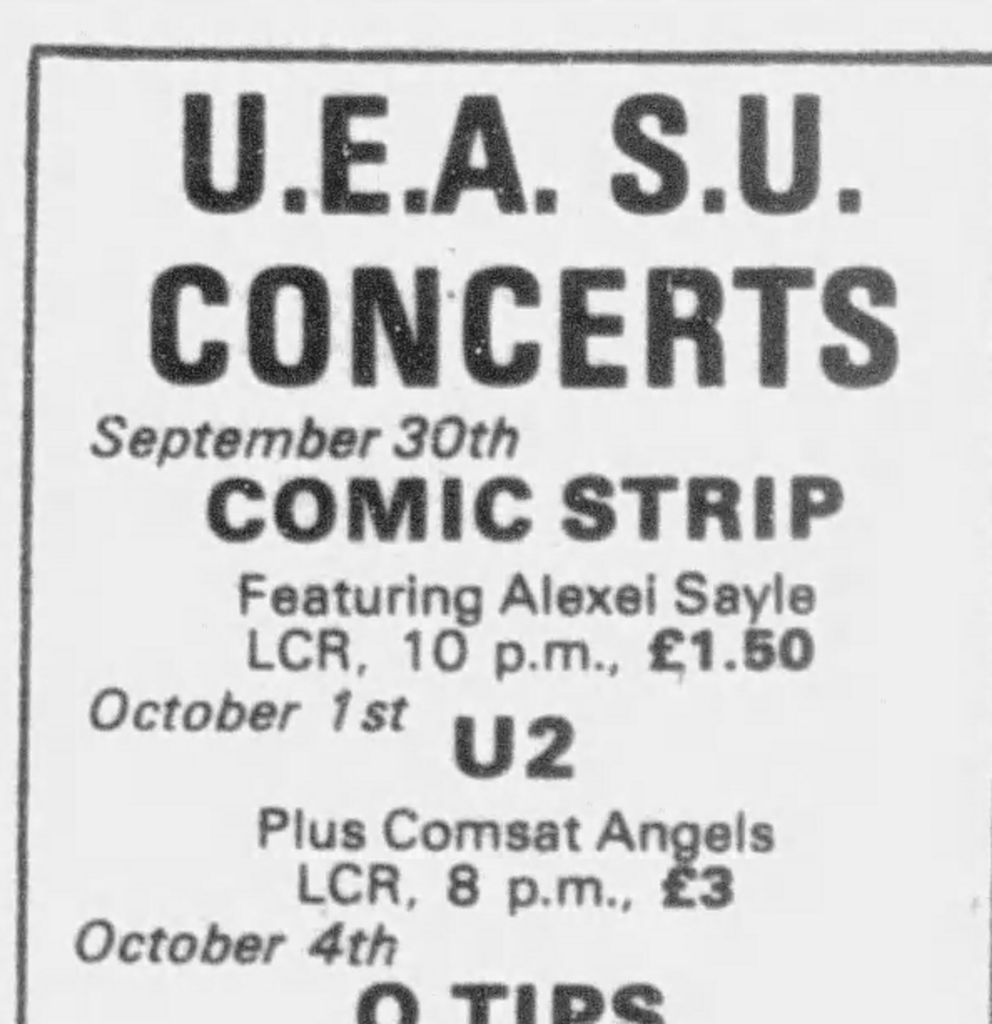 Student Union concert featuring Comsat Angels and U2 1981