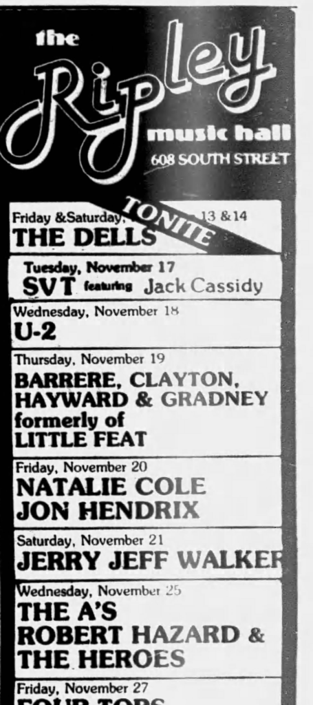 Advert for U2 show at Ripley Music Hall Philadelphia as part of the 1981 October tour