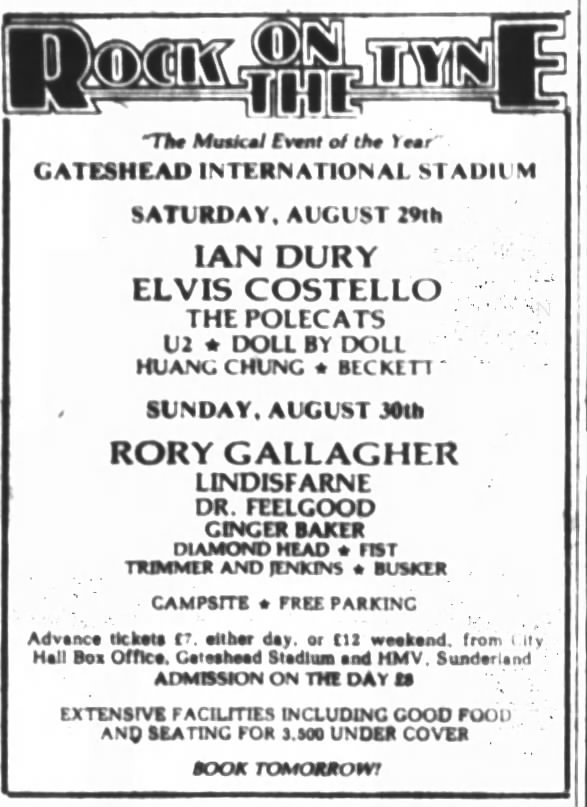 U2 play the Rock on the Tyne festival at the Gateshead Stadium August 1981