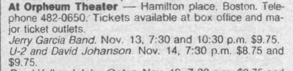 Listing for U2 concert at the Orpheum Theatre Boston as part of their 1991 October tour of the USA