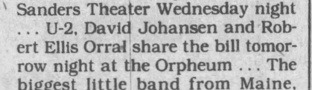 Listing for U2 concert at the Orpheum Theatre Boston as part of their 1991 October tour of the USA