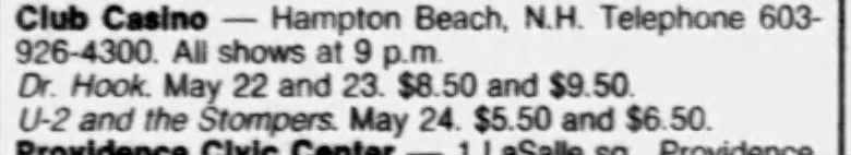 Listing for U2 concert at Club Casino Hampton Beach on their Boy tour 1981